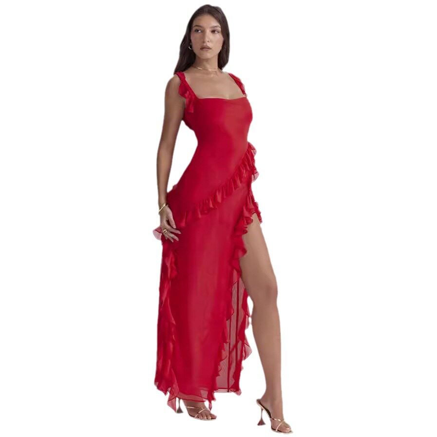 Womens Elegant Split Hem Dress Ruffle Trim Fashionable Sexy Autumn Collection Wholesale Available