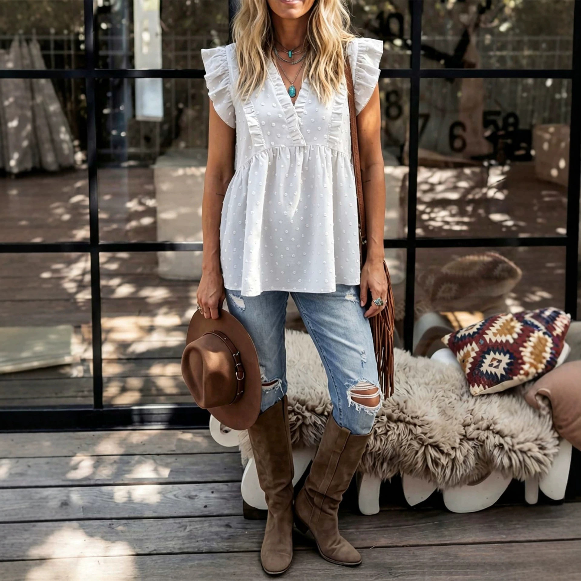 Summer Vacation Style V Neck Short Sleeve Ruffle Hem Loose Fit Top Lightweight Flattering Versatile Wholesale