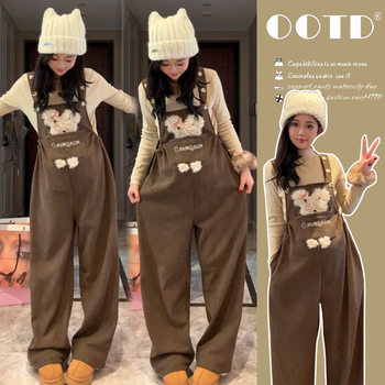 Maternity Wear 2025 Winter Velvet Thickeneded Knitted Bottoming + Cute Cartoon Overalls Maternity Two-Piece Suit