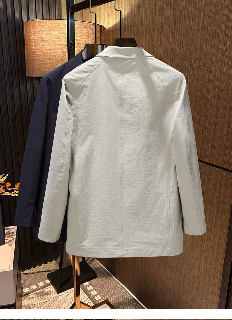 Áo khoác măng tô nam dáng lửng chất liệu lụa sữa pha nylon co giãn, phong cách công sở và thường ngày — Màu be, Xanh tím than