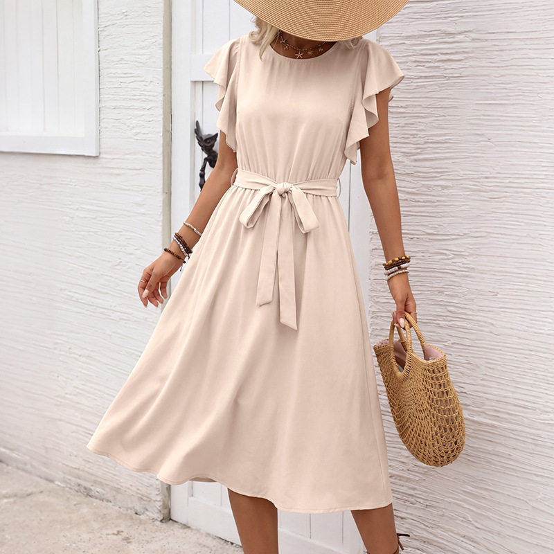 Casual Solid Color A Line Dress Flutter Sleeves Round Neck Tie Waist Perfect for Vacation or Summer Events OEM
