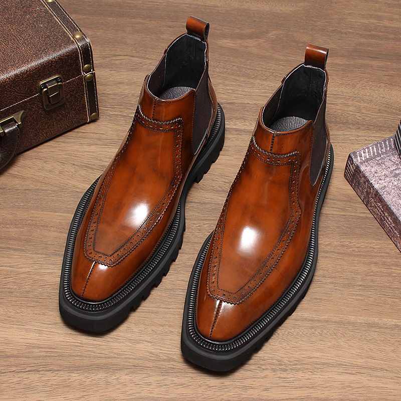 Boot Chelsea nam da bò thật mũi nhọn đế dày tăng chiều cao giữ ấm — Màu đen lót da, Màu nâu lót nhung, Màu nâu lót da