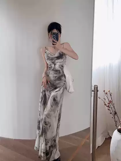 New Chinese Ink Painting Sling dress Women's Slim-fit Slimming Hip Fishtail Mid-length dress