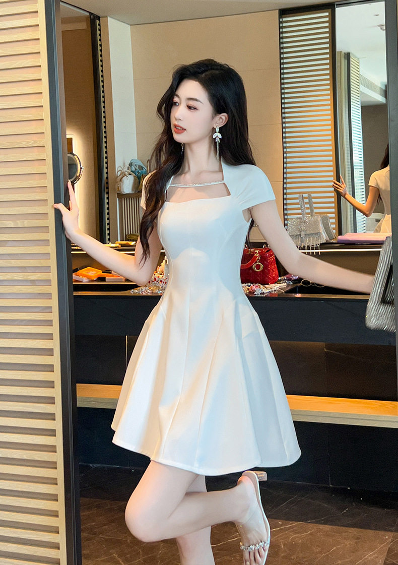 Đầm suông nữ midi cổ vuông phong cách Pháp tay ngắn — [Trắng] chi tiết 7
