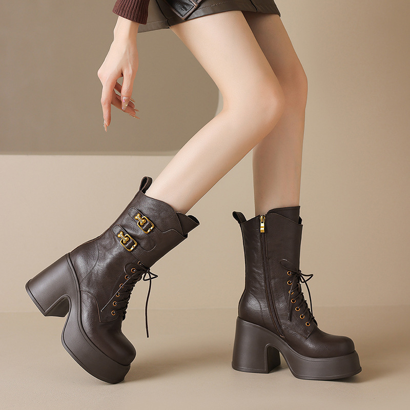 Boot Martin nữ da bò thật gót thô 10cm cổ trung khóa kéo bên hông — Lớp lót đơn màu đen, Lớp lót đơn màu kaki, Lớp lót đơn màu nâu, Lót nhung đen