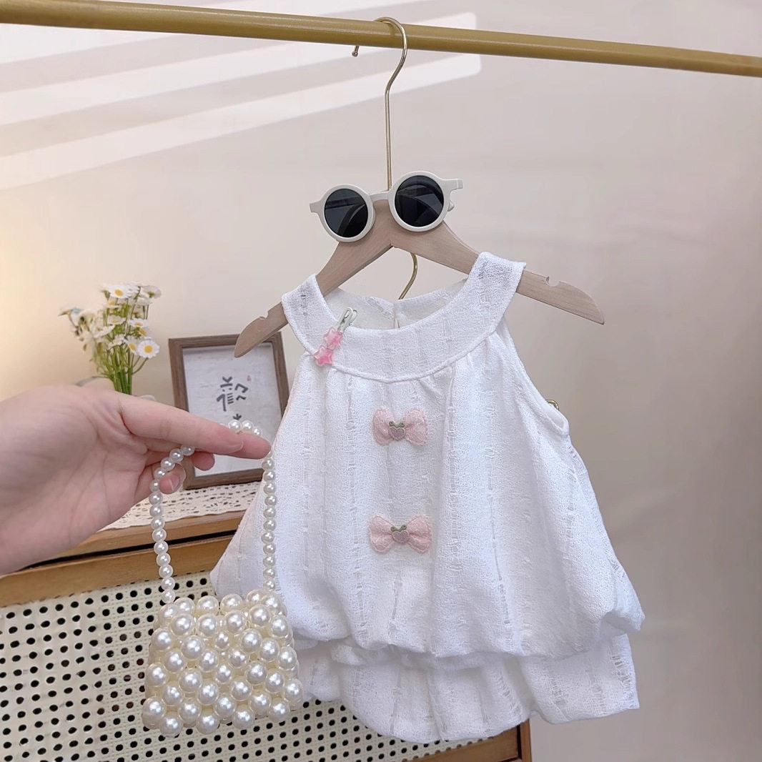 French Retro 3D Butterfly Decor Sleeveless Halter Top, Girls' Summer Designer Skirt Set with Floral Bag