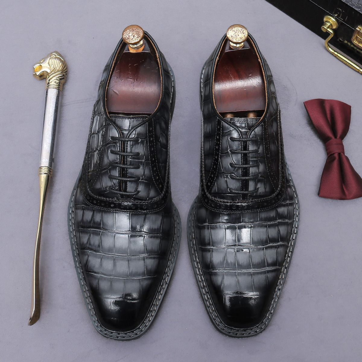 Giày Oxford nam da bò thật họa tiết kẻ sọc phong cách Anh Quốc — Xám xanh, Màu caramel
