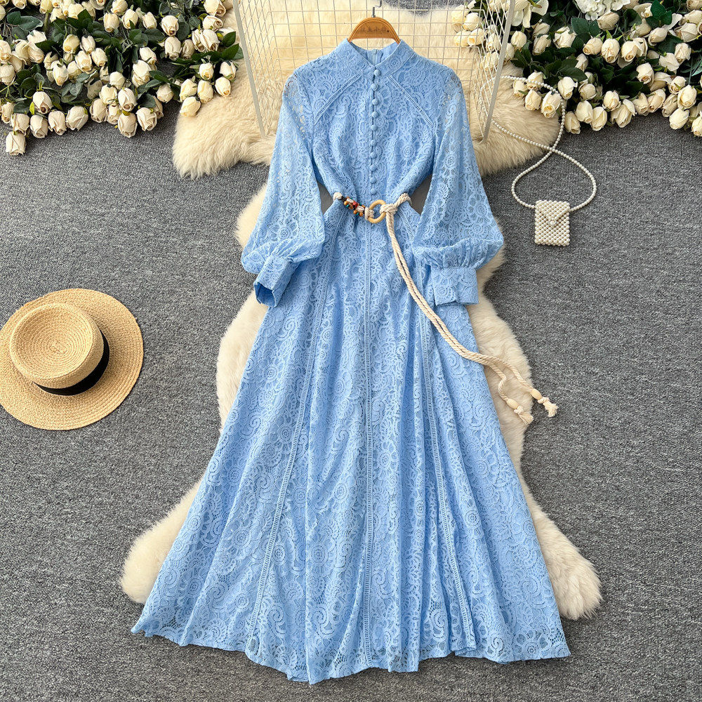 Elegant Red Lace A Line Dress Long Sleeve Waist Defined Breathable Fabric Spring Office Wear Wholesale Available