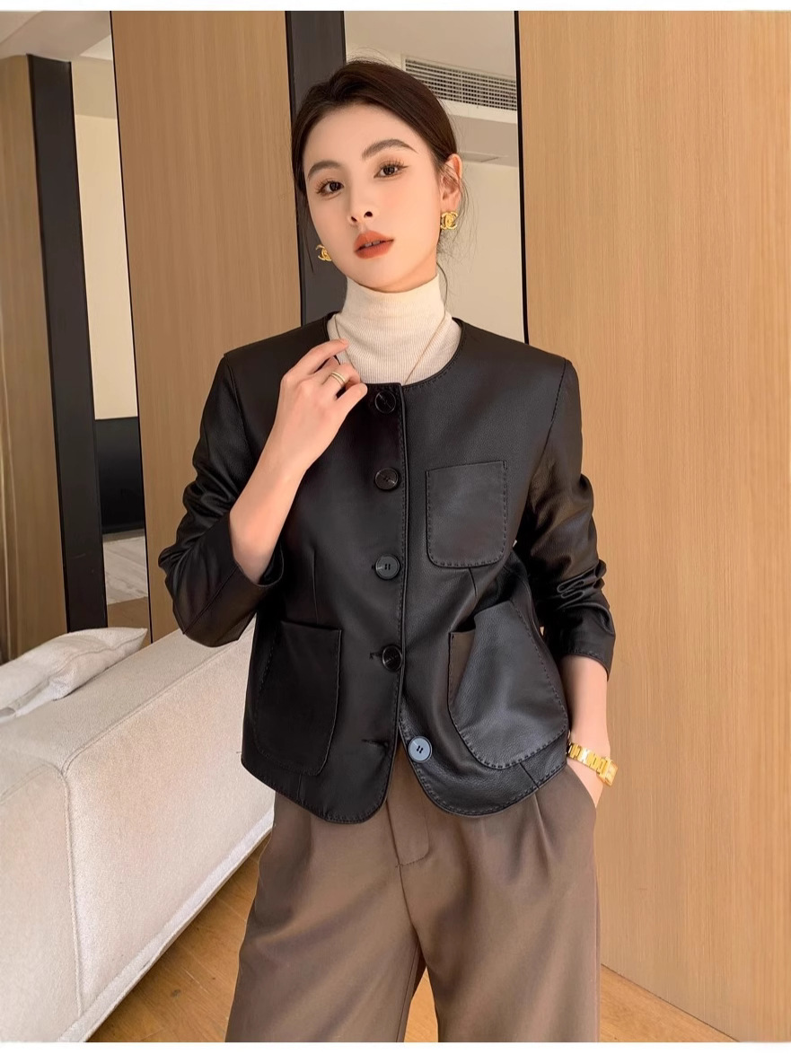 Áo khoác da cừu nữ ngắn cổ tròn phong cách dạo phố — Da cừu màu đen
