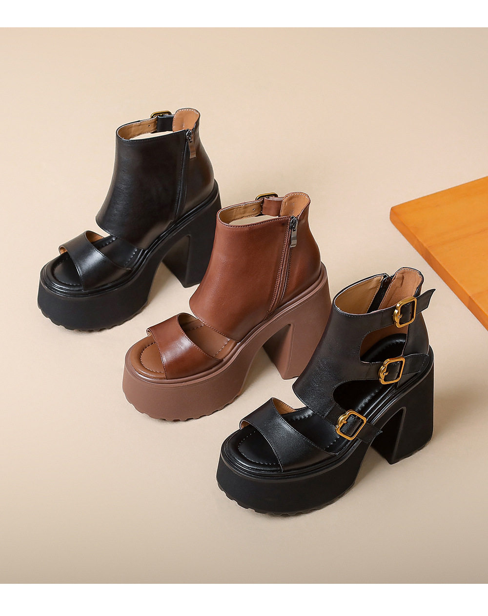 Sandal cao gót nữ hở mũi đế xuồng 12 cm phong cách La Mã — [Nâu], [Đen] chi tiết 12