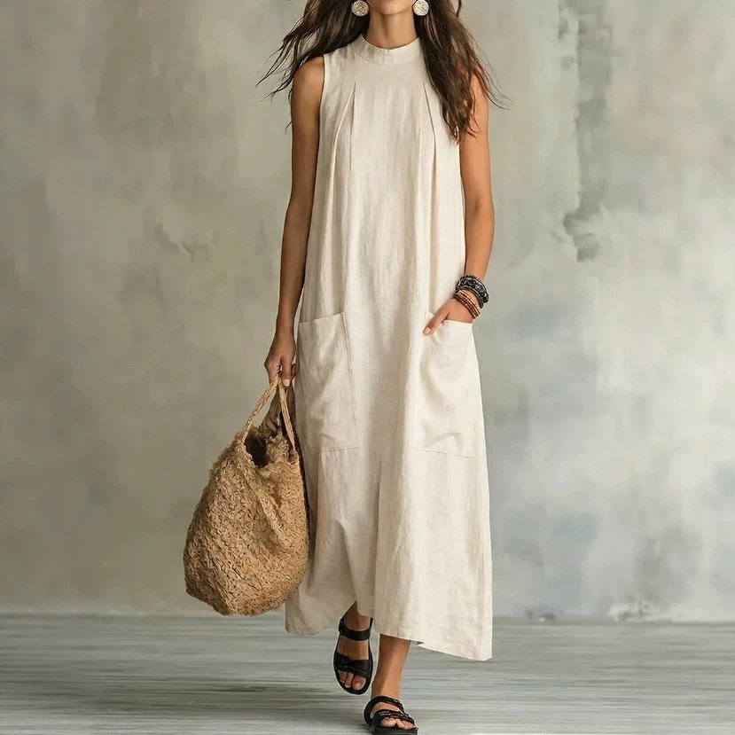 Elegant Sleeveless Round Neck Dress Solid Color Pocket Design Lightweight Fabric Spring Summer Fashion Wholesale