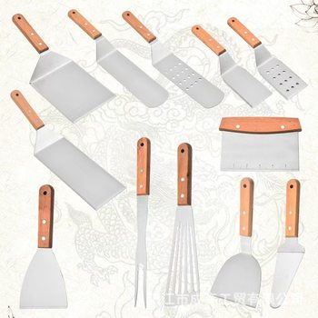 Barbecue Tools Stainless Steel Beech Wood Handle Spatula Japanese Cuisine Spatula for Frying Steak Teppanyaki Pancake Utensils Barbecue