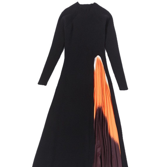 Elegant French Style Knit Color Block Pleated Midi Dress for Women Slim Fit Waist Defining Fall Fashion Wholesale