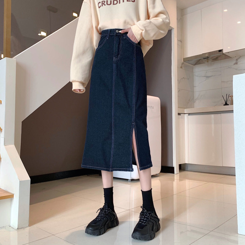 Vintage High Waisted A Line Denim Skirt Slim Fit Mid Length Side Slit Summer Casual Wear Wholesale Available