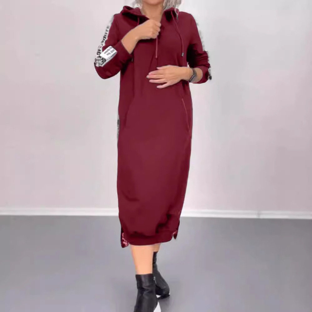 Hooded Long Sleeve Dress Letter Print Split Design Trendy Style Autumn Winter Fashion for Women Wholesale Available