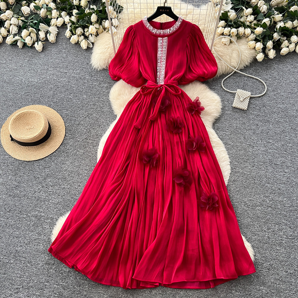 French Style Red Embellished Dress Summer Slim Fit Elegant Design Perfect for Formal Occasions Wholesale Available