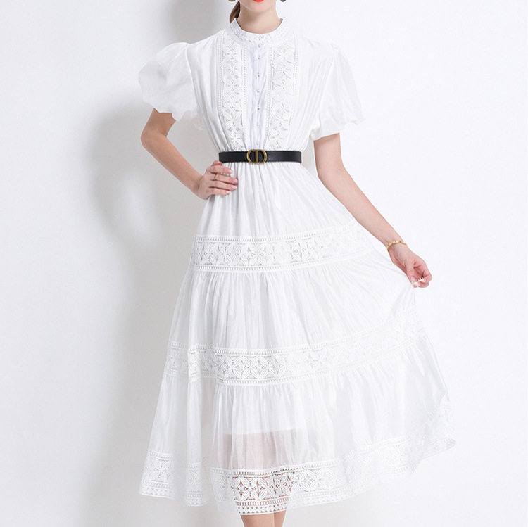 Summer Vintage Lace Hollow Out Long Maxi Dress with Round Neck Button Closure Puff Sleeves and Belt Elegant Womens