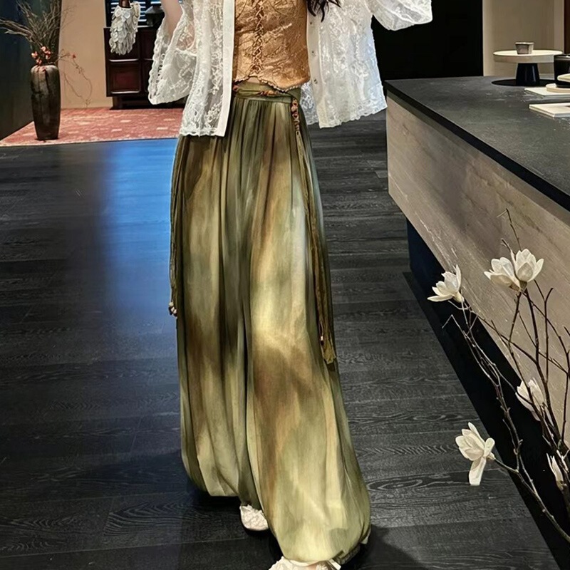 Quần ống lồng đèn nữ thắt lưng thủ công họa tiết nhuộm loang — Hạnh, Phấn, Xanh lá - Chất lượng cao