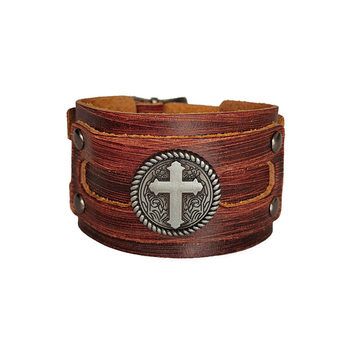 European and American popular punk cowhide bracelet cross wide leather men's leather bracelet cross-border hot sale products factory wholesale