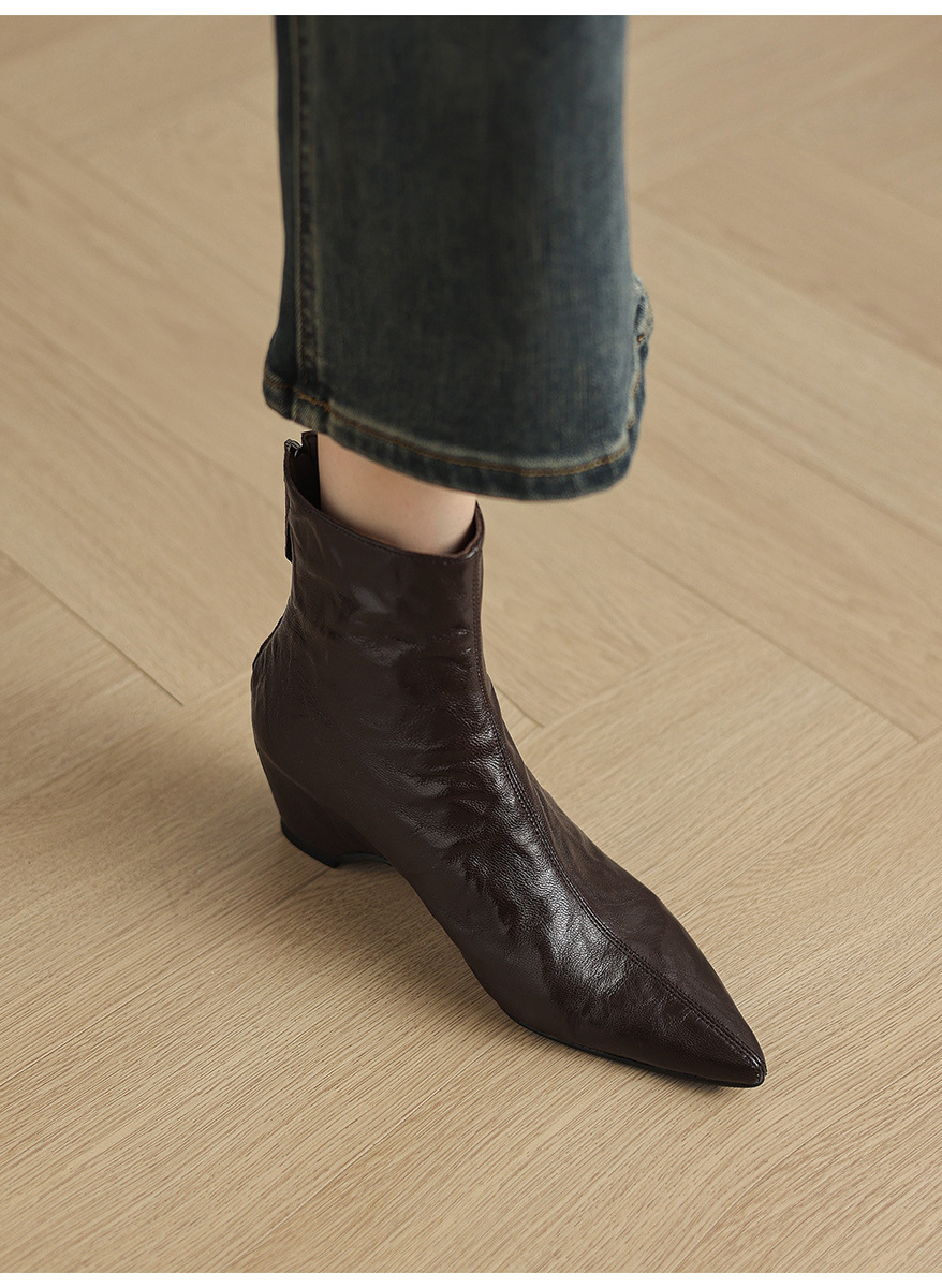 Boot nữ cổ thấp mũi nhọn da cừu thật gót vừa khóa kéo sau — Lớp lót đơn màu đen, Lớp lót đơn màu nâu, Lót nhung đen, Lót nhung màu nâu