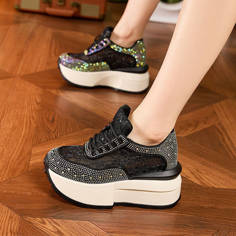 Sandal cao gót nữ đế dày rhinestones lưới hở mũi, gót siêu cao 8cm, form tròn — Trắng, Hồng, Đen