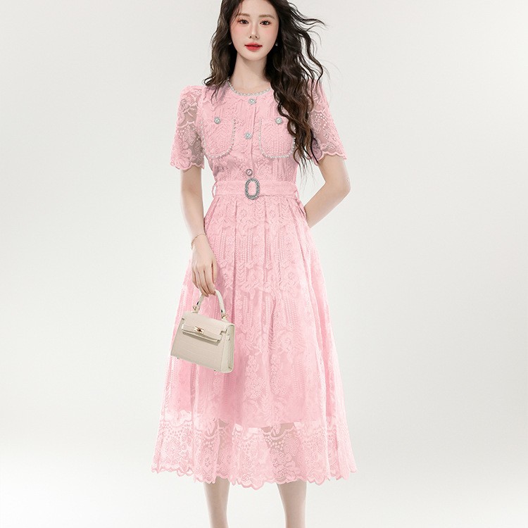 Elegant French Style Lace Embroidered Short Dress Waist Cinching Design Fashionable Silhouette Ideal for Parties