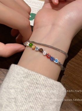 2022年新款彩色琉璃小花朵手链小众设计手串女生闺蜜简约双层手饰