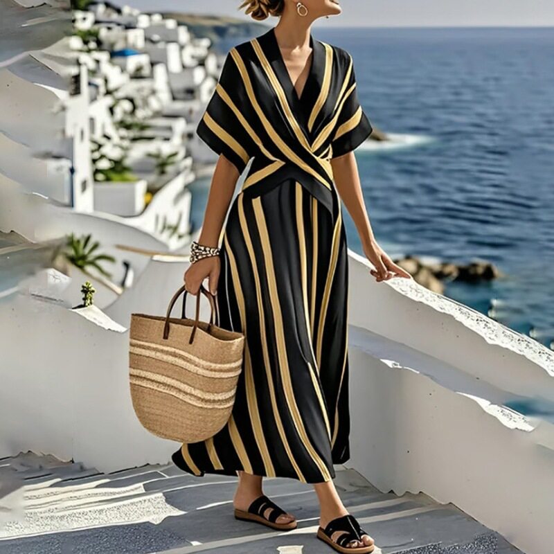 Summer Womens Dress Elegant Casual Loose Striped V Neck Long Dress Beach Vacation Style Wholesale Available