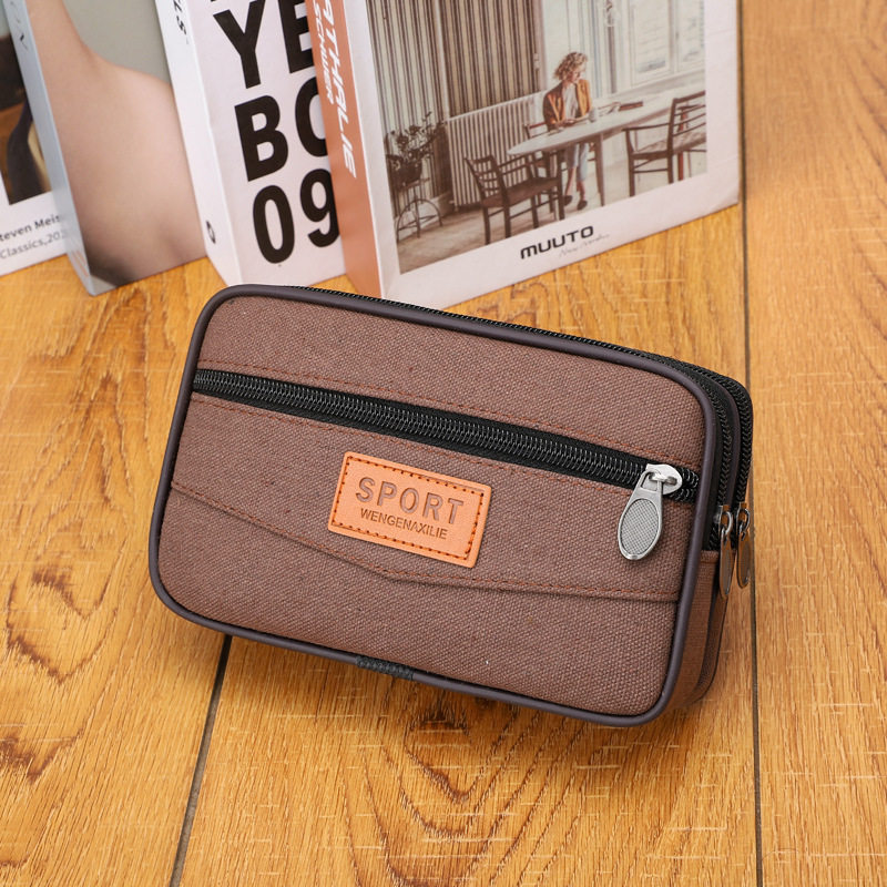 New Men's Canvas Mobile Phone Bag Wear Belt Site Waist Bag Three-Layer Zipper Waterproof Mobile Phone Bag
