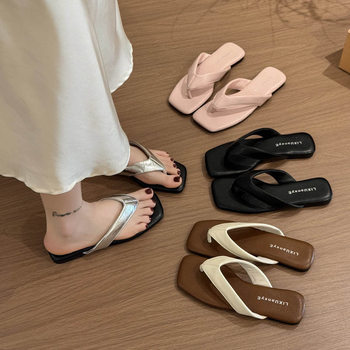 Summer New Flat Shoes, Daily Casual Square Toe Flip-Flops, Open-Toe Sandals for Outer Wear, Solid Color Simple Commuting Slippers for Women
