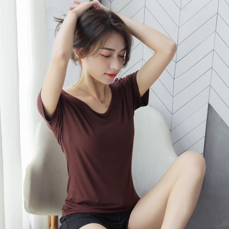 冰丝短袖女莫代尔t恤2025年夏季新款V领上衣白色宽松体恤打底衫薄