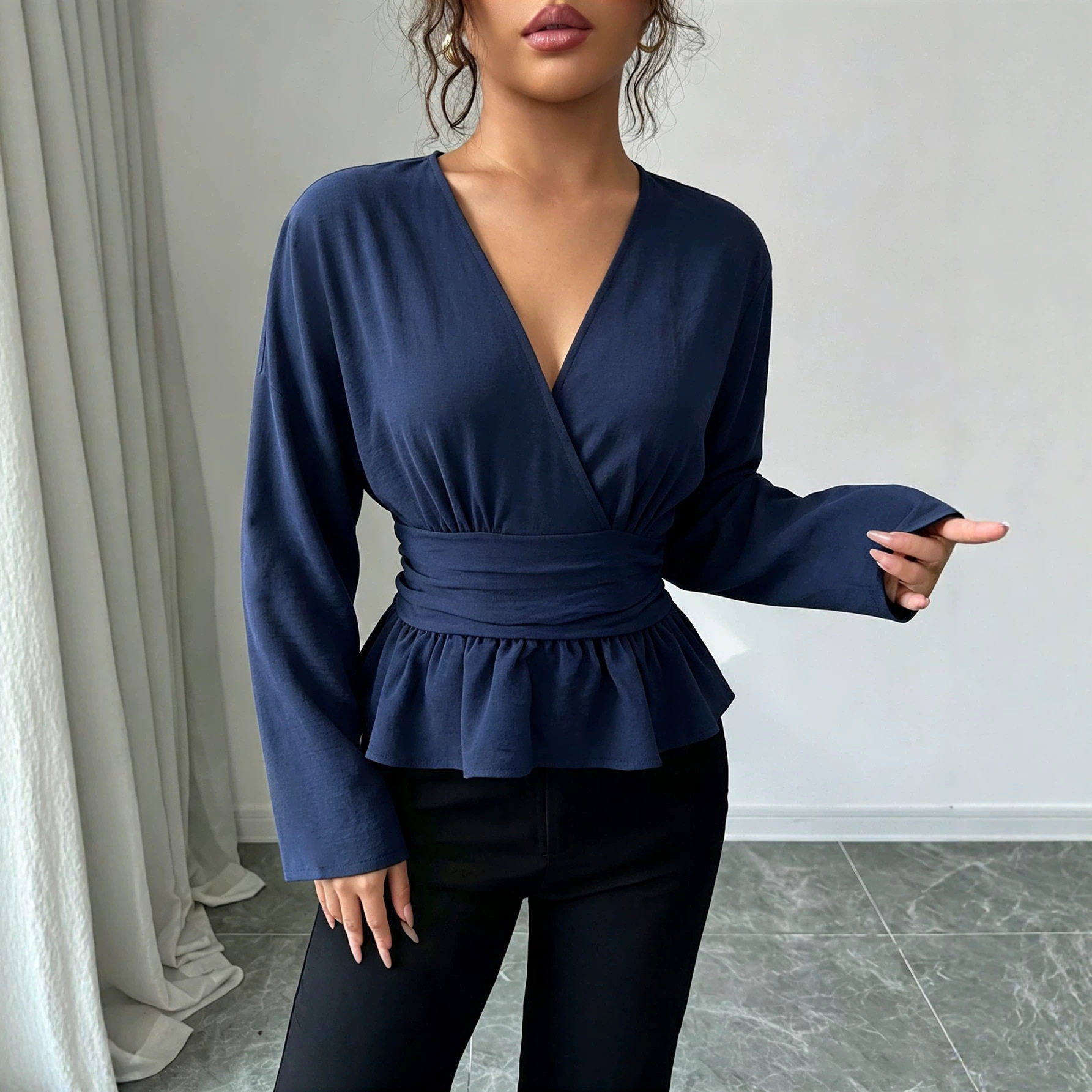 Womens V Neck Peplum Top Slim Fit Long Sleeve Ruffle Hem Fall Winter Fashion Wholesale Available