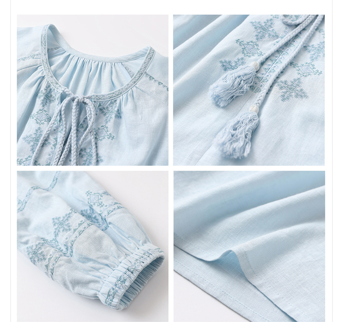 Áo sơ mi nữ linen dài tay thêu họa tiết dáng rộng — Màu trắng be, Màu xanh đậm, Màu xanh lam nhạt