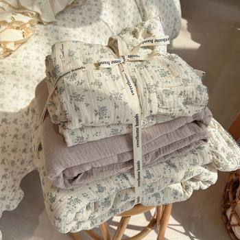 Class A maternal and child-grade double-layer yarn fresh green floral Korean cotton quilt cover naked sleeping bed sheet ins style four-piece set