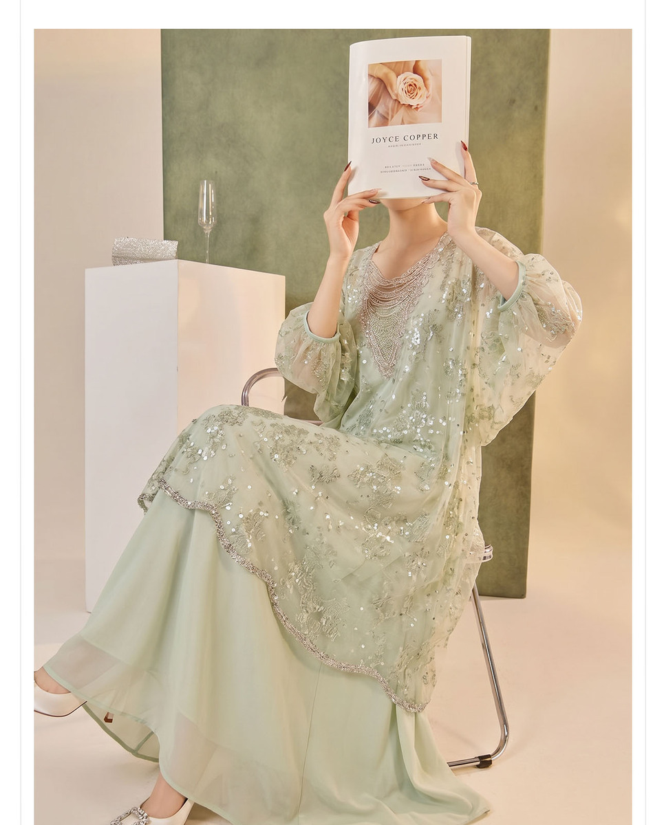 Đầm maxi nữ họa tiết hoa tay bồng cổ tròn phong cách retro — Xanh lục (giao hàng trong 7 ngày), Xanh lục (giao hàng trong ngày)