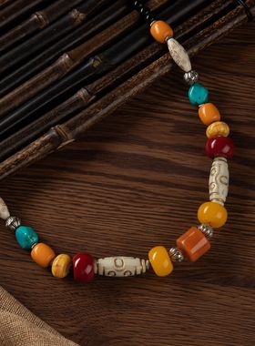 民族风复古百搭蜜蜡项链个性百搭藏式伸缩链长款挂件配饰发