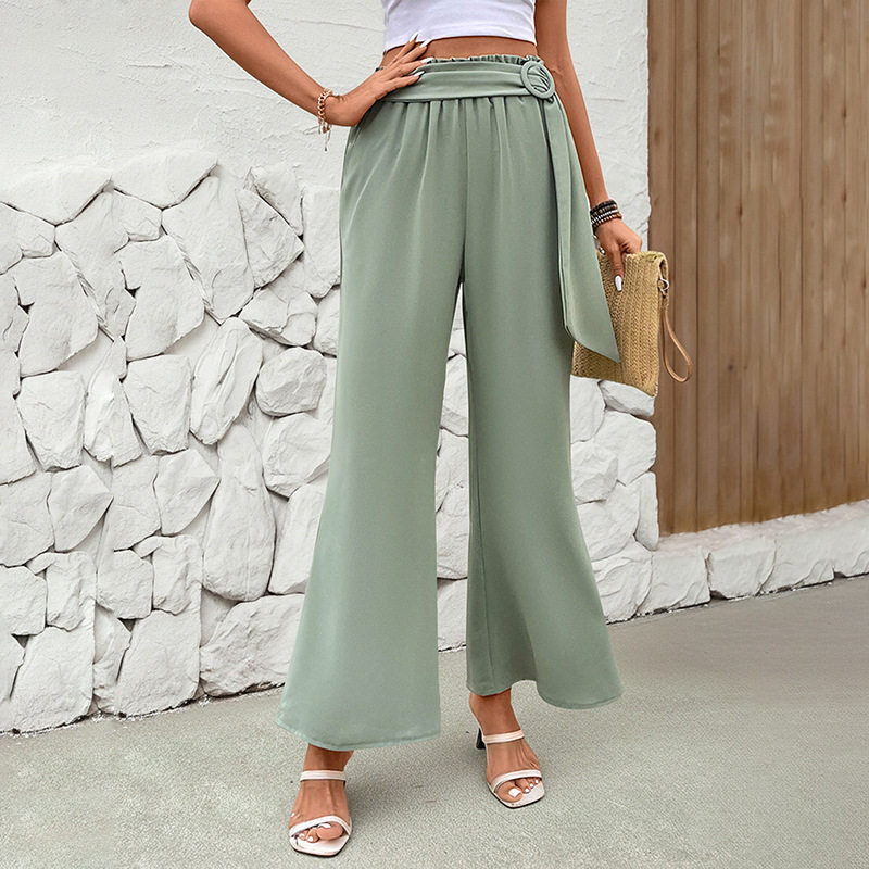Womens Green Wide Leg Trousers Summer Style Belted Design Comfortable Fit Wholesale Available