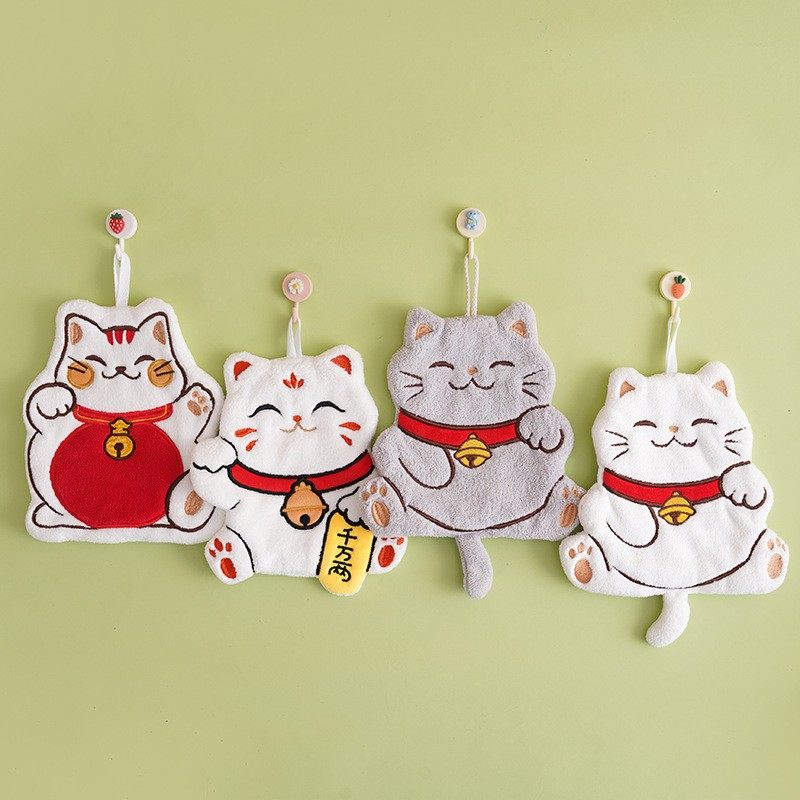Cross-Border Dropshipping Lucky Cat Hand Towel, Hanging Small Towel, Coral Velvet, Absorbent, Cute Cartoon Hand Towel, Souvenir