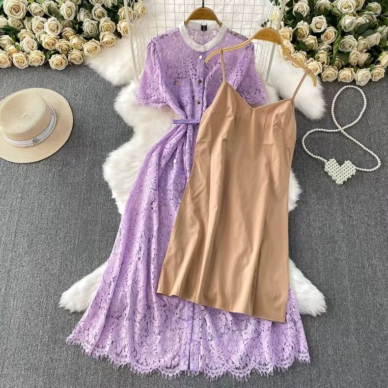 Elegant French Style Womens Dress Summer Collection Slim Fit Single Breasted Lace Detailing Long Length