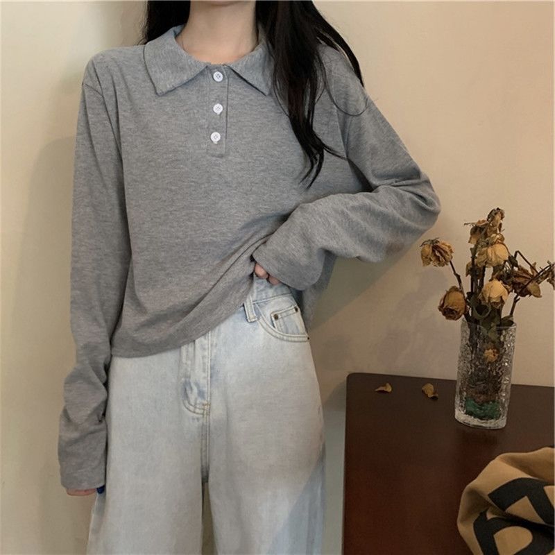 Loose Fit Long Sleeve Polo Shirt Korean Style Gray Color Autumn Fashion Casual Wear for Women Wholesale Available