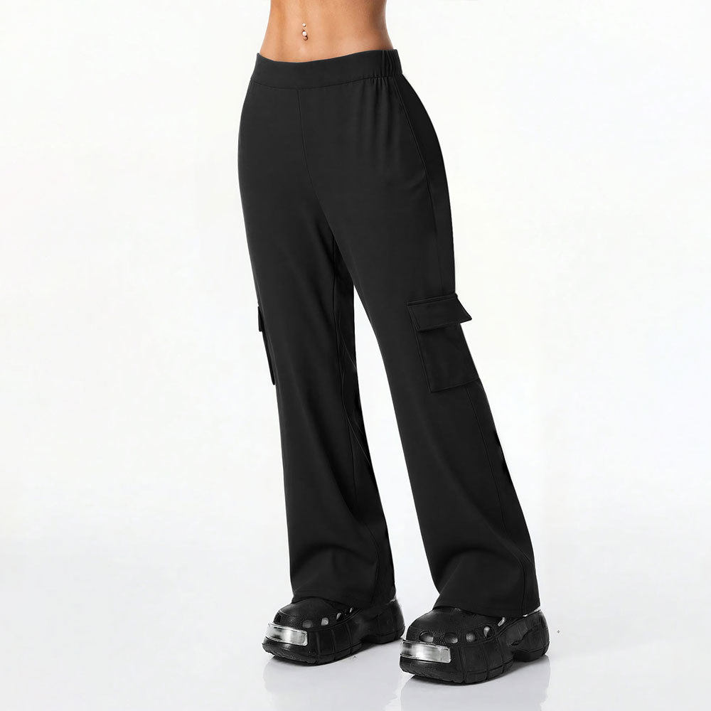 Womens Black Flared Trousers Elastic Waist Side Pockets Casual Style Perfect for Spring and Autumn Wholesale