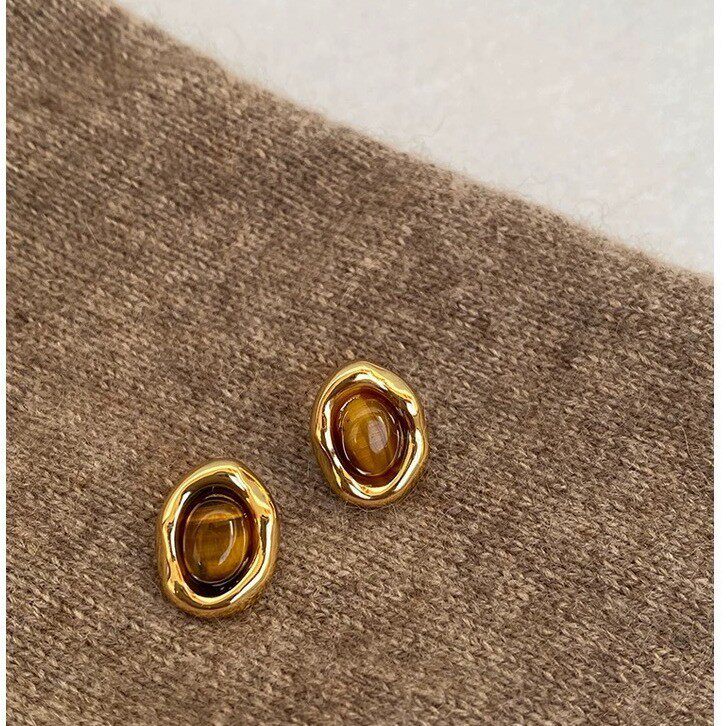 Caramel Chestnut Maillard Style Tiger Eye Stone Oval Earrings Women's Atmospheric Retro Autumn and Winter Earrings 2025 New