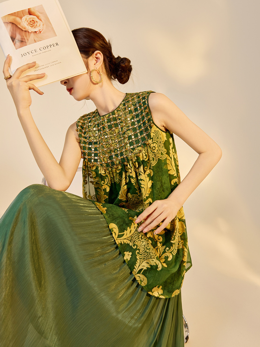 Đầm maxi nữ dài không tay cổ tròn đính cườm thêu hoa dáng tiên nữ — màu vàng kim, Xanh lá cây