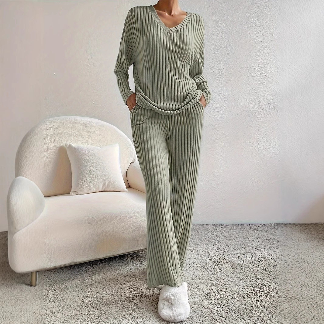 2025 Autumn and Winter Suit Cross-Border New Home Fashion Casual Straight Pants Elegant Loose V Neck Pit Strip Two-Piece Set