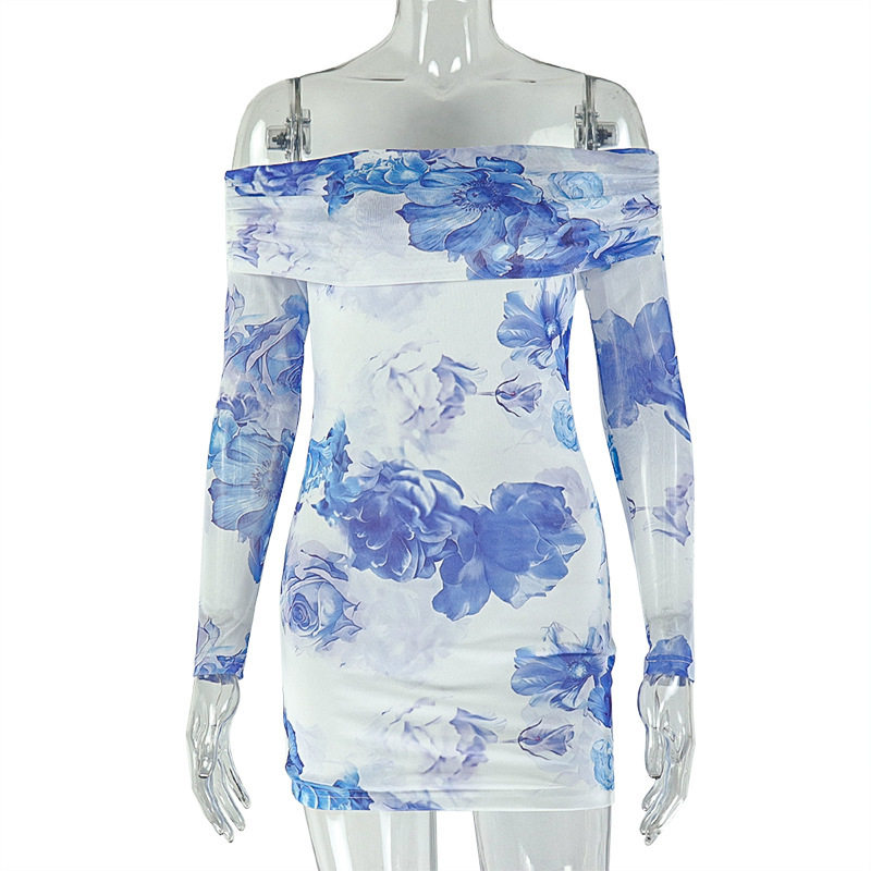 Printed Strapless Bodycon Dress Blue and White Off Shoulder Sexy Style Perfect for Summer Parties Wholesale