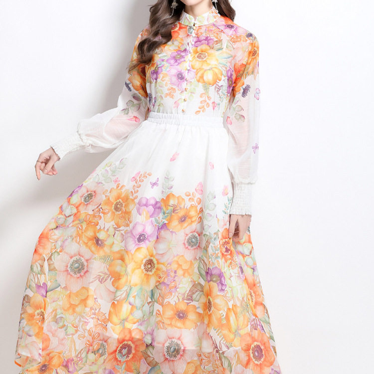 Floral Print Two Piece Set Slim Fit Shirt with Stand Collar Lantern Sleeves High Waisted Maxi Skirt for Vacation Wear