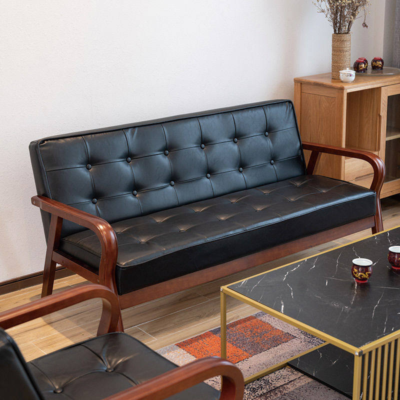皮艺沙发小户型北欧复古曲木扶手单人双人三人简易客厅网红款