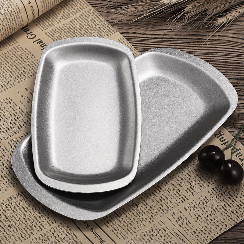 Retro Old Stainless Steel Rectangular Plate Flats Bottom Dish Snack Snack Plate Shallow Plate Commercial Barbecue Tray