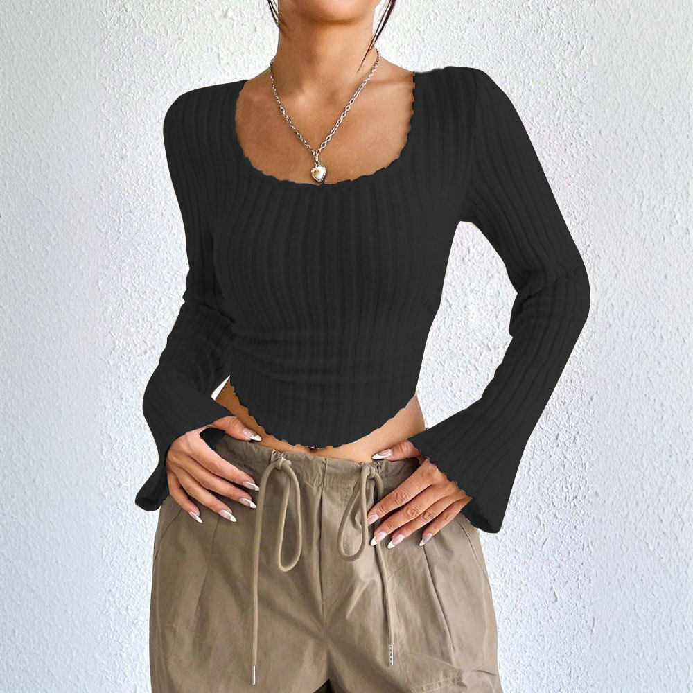 Fashionable Elegant Womens T Shirt Square Neck Flared Long Sleeves Spring Summer Style Wholesale Available