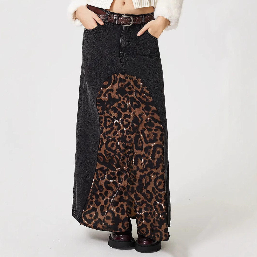 Leopard Print Denim Skirt Versatile Stylish Autumn Fashion Perfect for Streetwear Wholesale Available